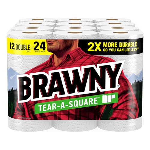 Brawny Tear-A-Square Paper Towels, 12 Double Rolls = 24 Regular Rolls, 3 Sheet Sizes (Quarter, Half, Full), Strength for All Messes, Cleanups, and Meal Prep