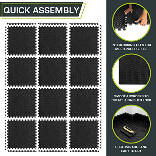 ProsourceFit Puzzle Exercise Mat ½ in, EVA Interlocking Foam Floor Tiles for Home Gym, Mat for Home Workout Equipment, Floor Padding for Kids, Black, 24 in x 24 in x ½ in, 48 Sq Ft - 12 Tiles