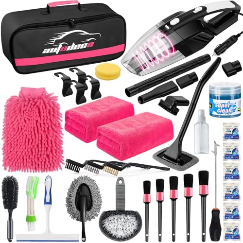 AUTODECO 39Pcs Car Cleaning Kit, Interior Detailing Kit with High Power Handheld Vacuum, Detailing Brush Set, Windshield Tool, Pink Complete Auto Accessories for Women