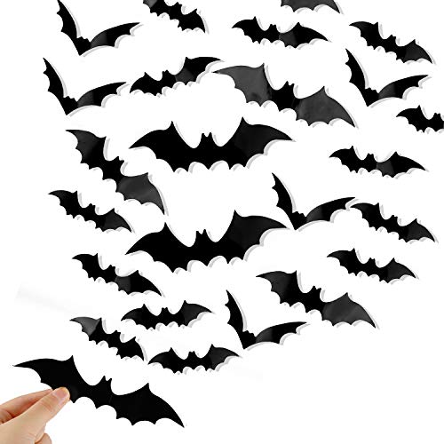 DIYASY Bats Wall Decor, 120 Pcs 3D Bat Halloween Decoration Stickers for Home Decor 4 Size Waterproof Black Spooky Bats for Room Decals