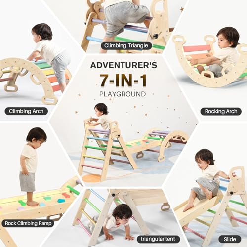 BlueWood Pikler Triangle Set 7in1 Foldable Baby Climbing Toys Wooden Montessori Climbing Set with Arch&Ramp&Ladder Baby Climber Indoor Jungle Gyms for Toddlers Montessori Toys - Rainbow