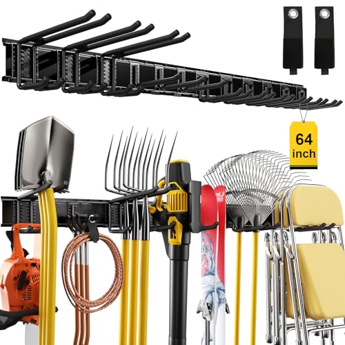 YZSFMZGE 64" Garage Wall Tool Organizer, 900 Lbs Heavy Duty Steel Garden Tool Storage Rack & Garage Organization for Yard, Shed, Garage - 12 Longer & Thicker Hooks + 2 Straps