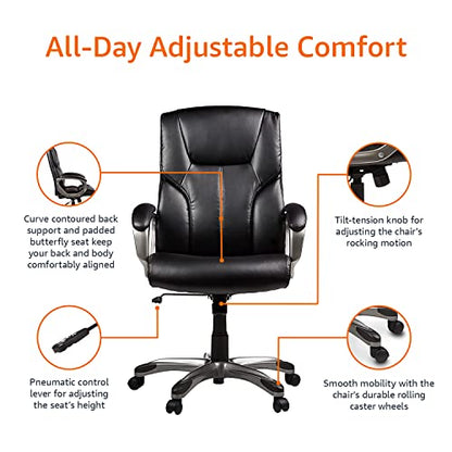 Amazon Basics Executive Home Office Desk Chair with Padded Armrests, Adjustable Height and Tilt, Rolling Swivel Chair, 275 Pound Capacity, Black and Silver