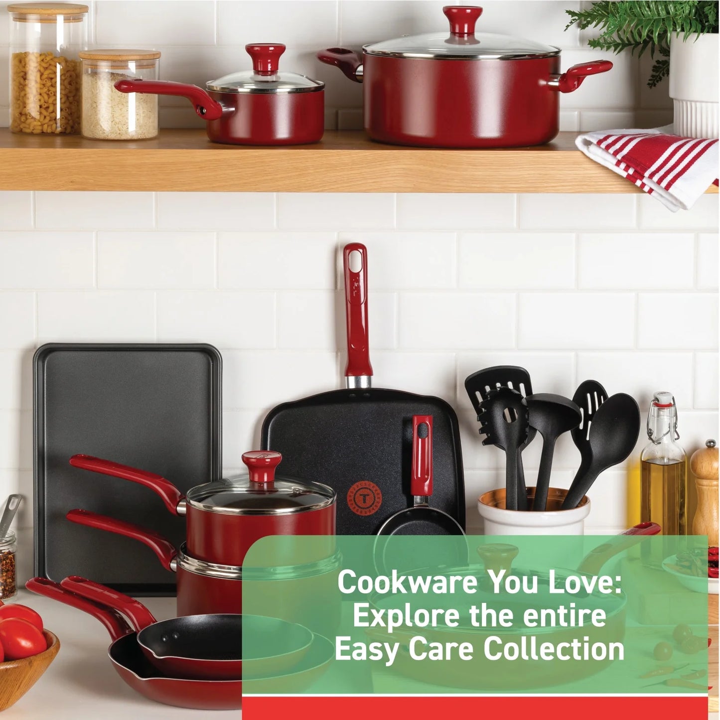 T-fal Easy Care Nonstick Cookware, 20 Piece Set, Red