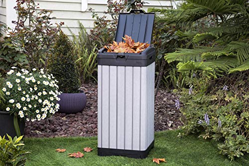 Keter Rockford Resin 38 Gallon Outdoor Kitchen Trash Can with Lid and Drip Tray for Easy Cleaning-Perfect for Patio Dining, Grey