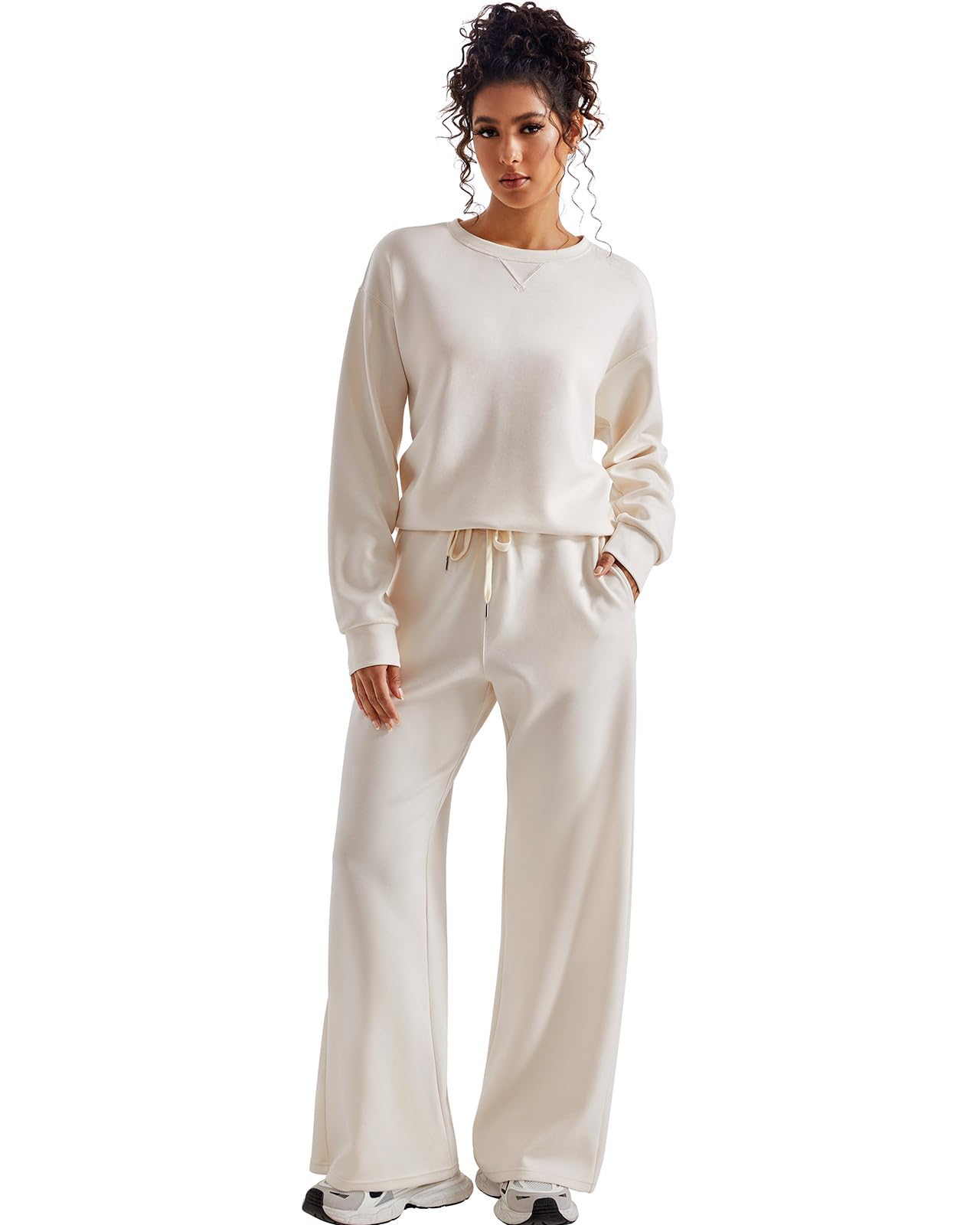 SUUKSESS Women Modal 2 piece outfits Oversized Sweatshirt Fall Lounge Set Wide Leg Pants Matching Sets (Apricot,S)