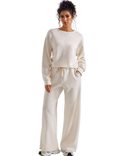 SUUKSESS Women Modal 2 piece outfits Oversized Sweatshirt Fall Lounge Set Wide Leg Pants Matching Sets (Apricot,S)