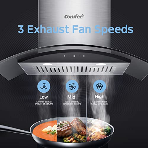 COMFEE' Curved Glass Range Hood 30 Inch 450 CFM 3 Speed Gesture Sensing &Touch Control Panel Stainless Steel kitchen Ductless/Ducted Convertible with Baffle Filters and 2 LED Lights (CVG30W9AST)