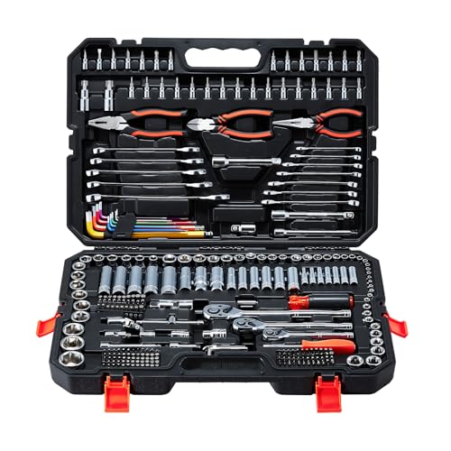VEVOR Mechanics Tool Set, 314-Piece Mechanic Tool Kit, 1/4 in, 3/8 in, and 1/2 in Drive, Metric Socket Set, Wrenches, Screwdriver Bits, Accessories, and Storage Case, for Automotive and Home Repair
