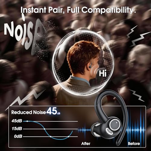 Wireless Sports Earbuds with Secure Earhooks, 48H Deep Bass/ENC Mic Ear Bud