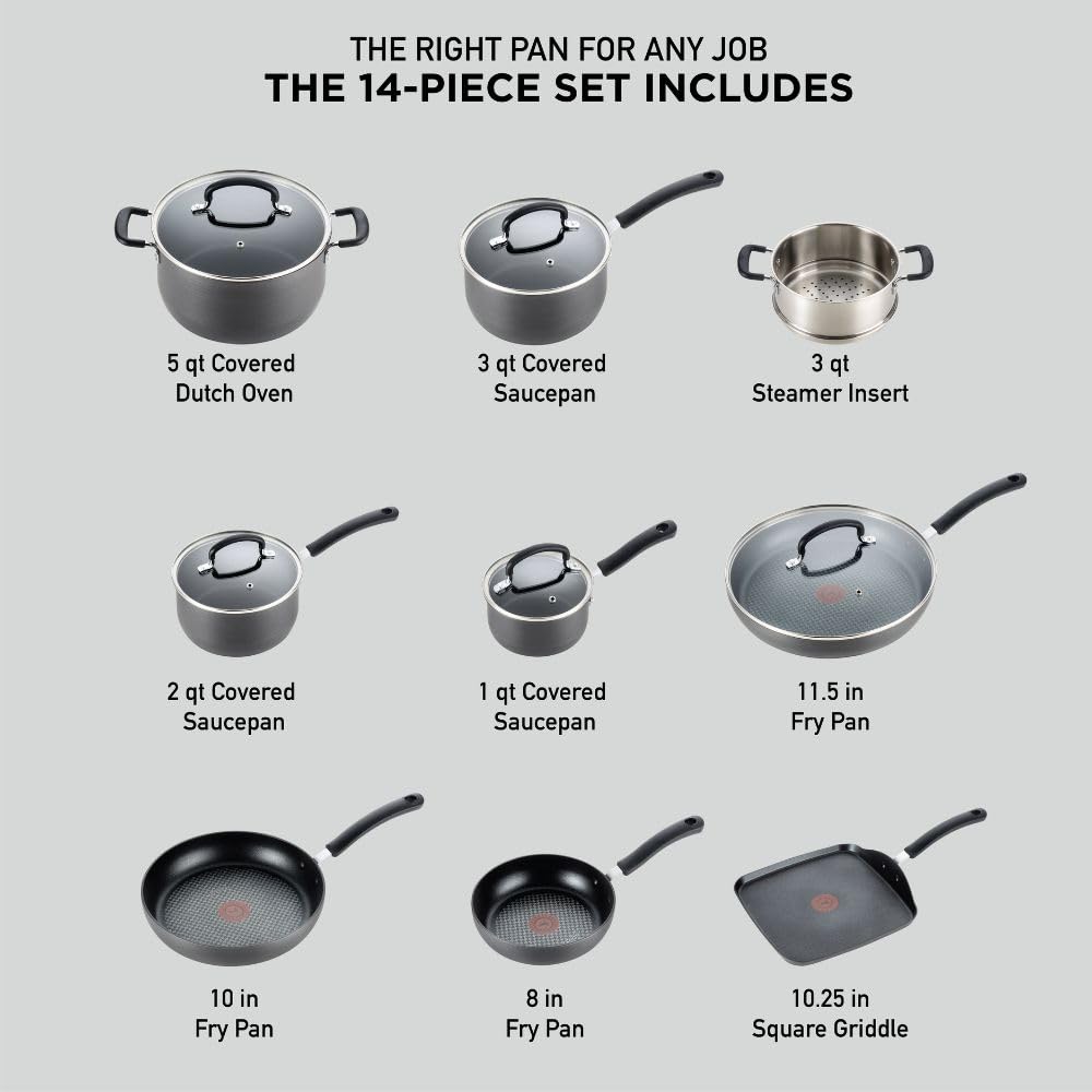 T-fal Ultimate Hard Anodized Nonstick Cookware Set 14 Piece, Oven Broiler Safe 400F, Lid Safe 350F, Kitchen Cooking Set w/Fry Pans, Saucepans, Griddle, Dutch Oven, Pots & Pans, Dishwasher Safe, Black