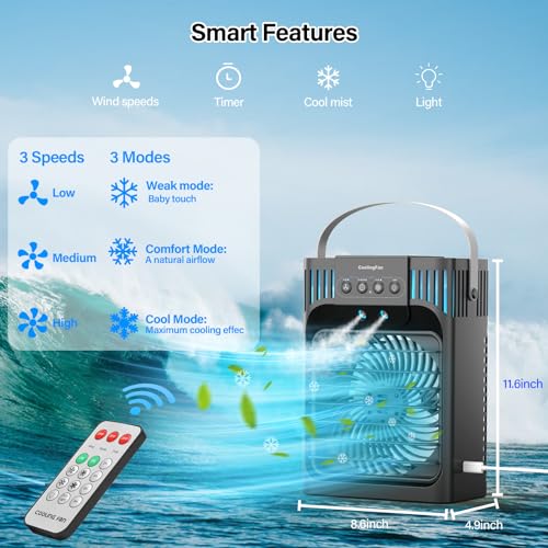 Portable air conditioners with remote control, silent with 3 speeds, cooling fan of 1200 ml Personal Air Cooler Fan with 3 Mist, 7 Night Light, 8H Timer, Small Air Conditioner for Bedroom Office