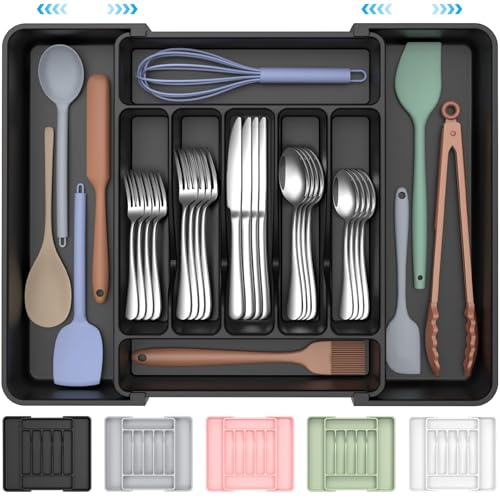 ukeetap Extra Large Expandable Silverware Organizer, Flatware Tray, Black