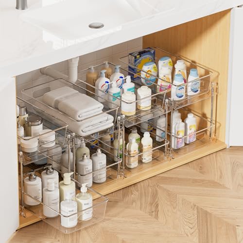 Vtopmart 4 Pack Bathroom Organizer, 2 Tier Clear Under Sink Organizers Vanity Countertop Storage Container, Cabinet Drawers Bins, Pull-Out Organization with Track for Pantry, Kitchen