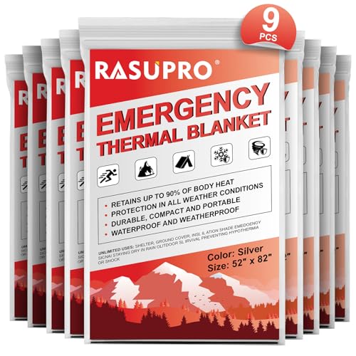 Rasupro 9 Pack Emergency Blankets, Outdoor Survival Emergency Insulated Gear, Mylar Thermal Space Insulated Blanket, Perfect for Camping, Hiking, Running, Marathon, Wilderness Rescue or First Aid