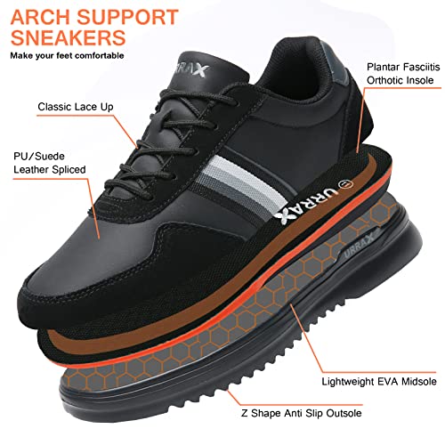 URRAX Mens Sneakers with Arch Support, Orthopedic Sneakers for Men, Casual Shoes for Plantar Fasciitis, High Arch, Flat Feet, Pain Relief, Comfortable Walking Shoes with Orthotic Black Size 10