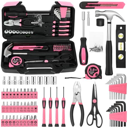 GETFOO 144-Piece Household Tool Set, Pink Tool Kit with Plastic Toolbox | General Household Tool Set, Small Basic Hand Tool Kit, for Home Repair, Office & College Dormitory Use, Daily Use for Women