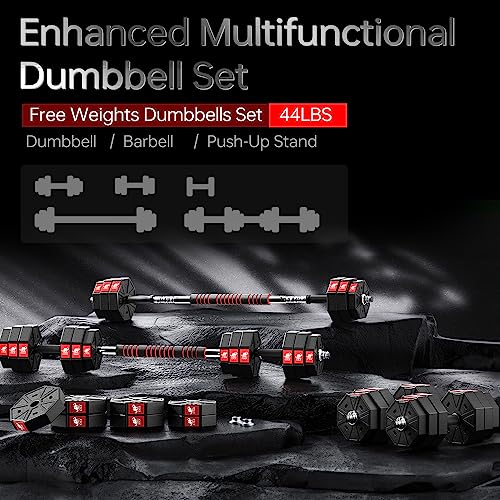 LEADNOVO 44Lbs 66Lbs 88Lbs 3 in 1 Adjustable Weights Dumbbells Barbell Set, Home Fitness Gym Workout Exercise Training with Connecting Rod for Men Women