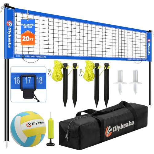 Portable Outdoor Volleyball Net Set 20FT / 32FT, 4 Adjustable Heights | Complete Volleyball System with PE Net, PU Volleyball, Pump, Poles and Carry Bag for Backyard, Beach, Park and Family Games.