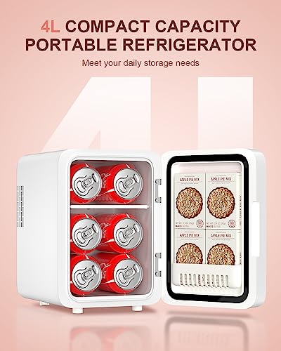 Skincare Fridge With Dimmable LED Light Mirror, 4L Makeup Mini Fridge for Bedroom, Car, Office & Dorm, Cooler & Warmer, Portable Small Refrigerator for Cosmetics, Skin Care and Food, White