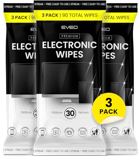 EVEO Electronic Wipes Screen Cleaner - Screen Wipes TV Screen Cleaner Wipes, Computer Screen Wipes, Laptop Screen Cleaner, iPad & Monitor Cleaner, Screen Cleaning Wipes - [90 Wipes + Microfiber Cloth]