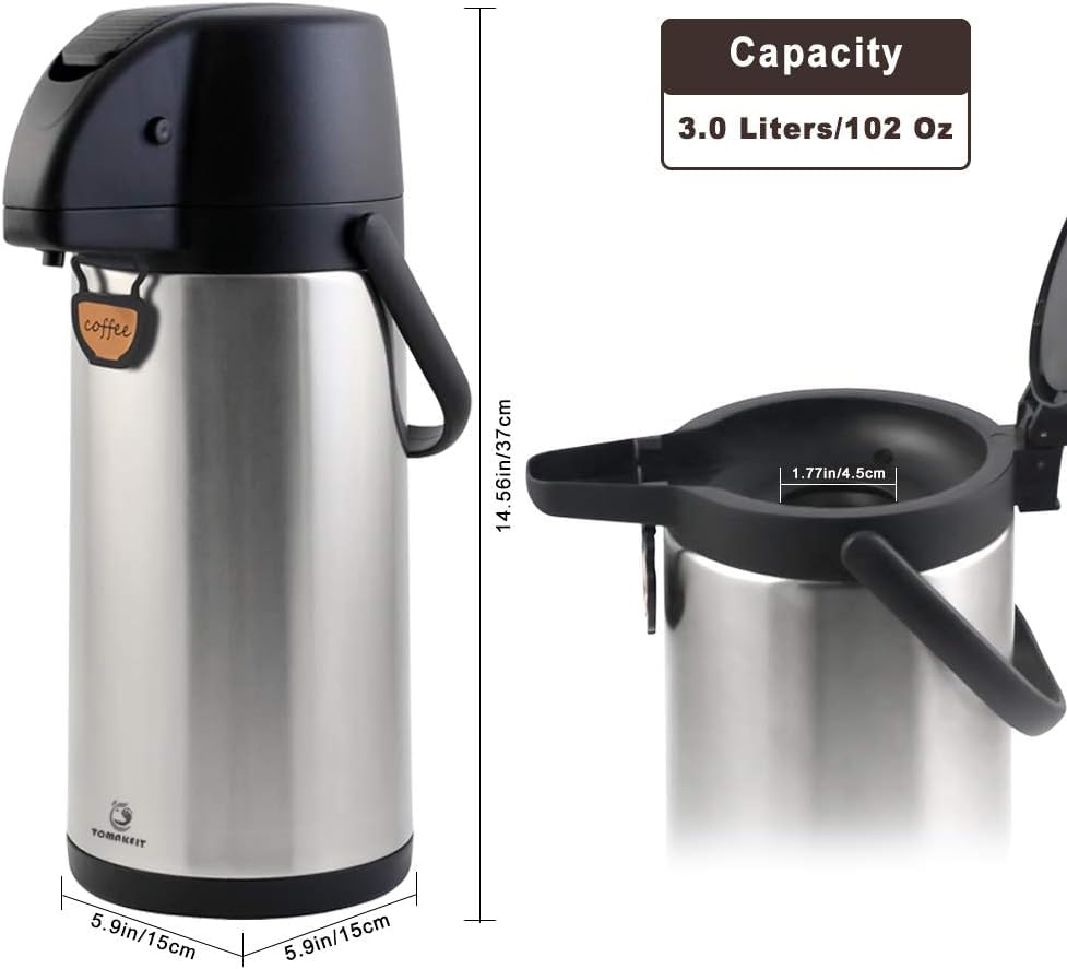 TOMAKEIT Airpot Coffee Dispenser Thermal with Pump,3L/102 Oz Insulated Stainless Steel Large Airpot Coffee Carafe Lever Action for Hot/Cold Water,Thermos for Coffee Hot Cocoa for Parties