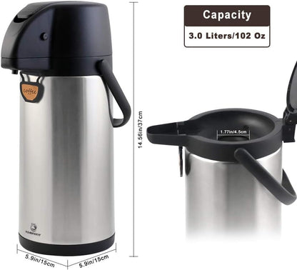 TOMAKEIT Airpot Coffee Dispenser Thermal with Pump,3L/102 Oz Insulated Stainless Steel Large Airpot Coffee Carafe Lever Action for Hot/Cold Water,Thermos for Coffee Hot Cocoa for Parties