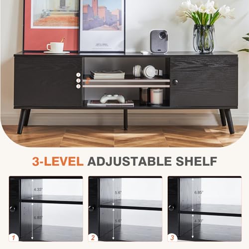 Sweetcrispy TV Stand for 55 60 inch Television, Entertainment Center with Storage, 2 Cabinet Media Console Table, Soft Hinge Door with Handle, Wood Feet, Living Room, Bedroom Furniture, Charcoal Black