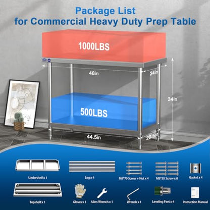 Leteuke NSF Stainless Steel Prep Table, 48″x 24″x 34″ Metal Work Table, SUS 201 Heavy Duty Table with Adjustable Undershelf, 1500 LBS Commercial Outdoor Food Prep Table for Restaurant Kitchen Hotel