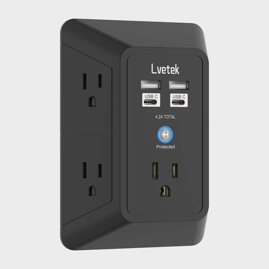 Outlet Extender, Surge Protector Outlet with 5-Multi Plug Outlet and 4 USB Ports(2 USB C), 3-Sided 1680J Power Strip Wall Charger, Multiple-Plug Outlet Splitter for Home Travel Office,ETL Listed,Black