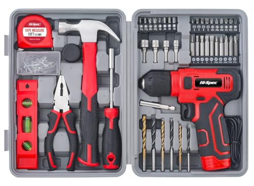 Hi-Spec 8V Cordless Drill Set and Starter Tool Kit for Home Projects, Red