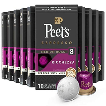 Peet's Coffee, Medium Roast Espresso Pods, Cafe Inspired Ricchezza Intensity 8, 100 Count (10 Boxes of 10 Espresso Capsules)