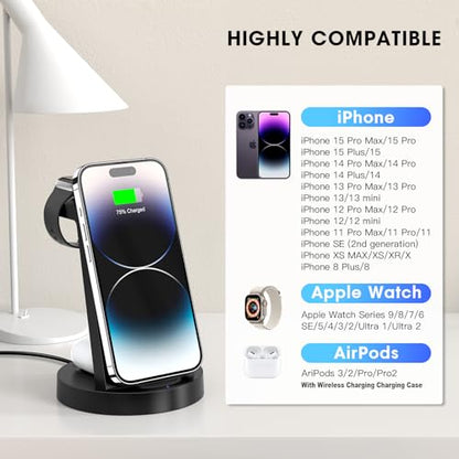 3 in 1 Charging Station for iPhone, Wireless Charger for iPhone 15 14 13 12 11 X Pro Max & Apple Watch - Wireless Charging Station for AirPods Pro 3 2