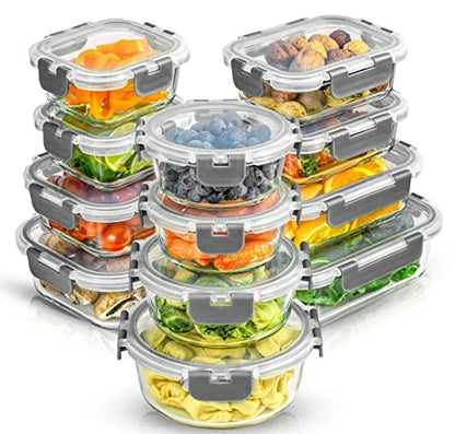 JoyJolt JoyFul 24pc Borosilicate Glass Storage Containers with Lids. 12 Airtight, Freezer Safe Food Storage Containers, Pantry Kitchen Storage Containers, Glass Meal Prep Container for Lunch