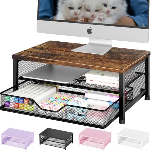 OPNICE Computer Monitor Stand Riser, Desk Organizer with Drawer, Printer & Laptop Stand, Office Desk Accessories & Workspace Desktop Organizers Storage for Office Supplies(Brown)