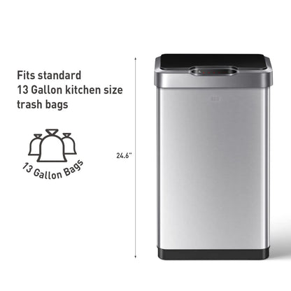 EKO Mirage-T 50 Liter / 13.2 Gallon Touchless Rectangular Motion Sensor Trash Can, Brushed Stainless Steel Finish