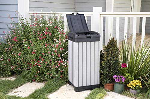 Keter Rockford Resin 38 Gallon Outdoor Kitchen Trash Can with Lid and Drip Tray for Easy Cleaning-Perfect for Patio Dining, Grey