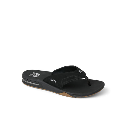 Reef Fanning Mens Bottle Opener Flip Flop, Arch Support, Durable Outsole, Water Friendly, Black/Silver, 10