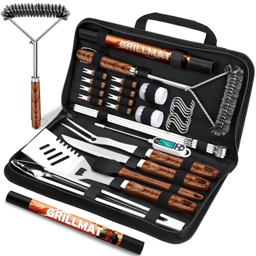 RINPIR 31pcs BBQ Grill Accessories Gifts for Men Dad, Heavy Duty Grilling Tools Gift Set for Father's Day, Stainless Steel BBQ Utensils Kit with Mats, Grill Brush in Carrying Bag Brown