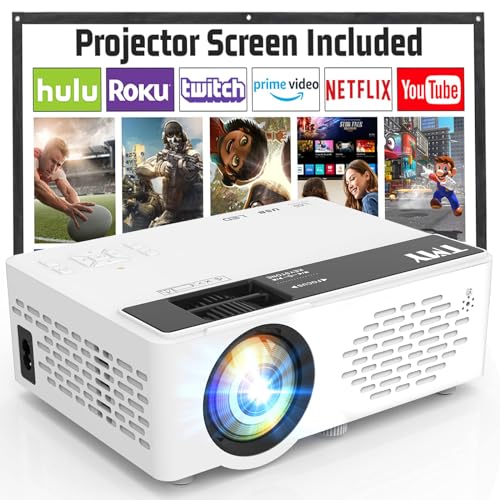 TMY Mini Projector, Upgraded Bluetooth Projector with Screen, 1080P Full HD Portable Projector, Movie Projector Compatible with TV Stick Smartphone/HDMI/USB, indoor & outdoor use