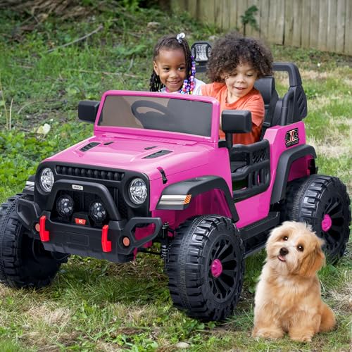 Hikiddo 2 Seater Ride on Car for Kids, 12V Electric Car Ride on Toy for Kids Age 4-8 w/Remote Control, Capacity 150lbs - Pink
