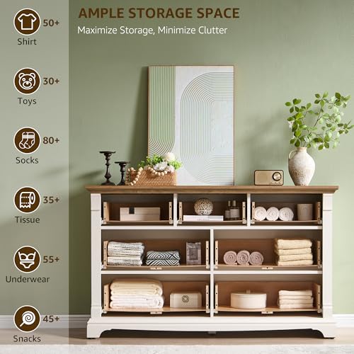 T4TREAM Farmhouse 7 Drawers Dresser for Bedroom, 54" Wide Wood Rustic Chest of Drawers w/Roman Column, Wooden Storage Dressers Organizer for Bedroom, Living Room, Closet, Antique White