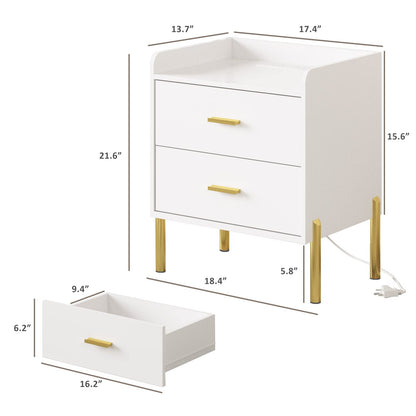 White Nightstand Set of 2,Mid Century Modern End Table with Charging Station,Farmhouse Storage Night Stand Bedside with 2 Drawer