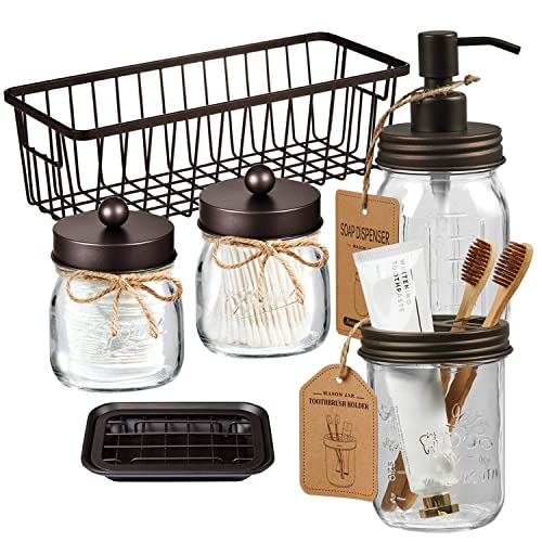 SheeChung Mason Jar Bathroom Accessories Set,6Pcs Rustic Bathroom Set,Brown