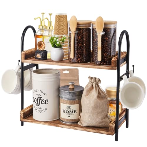 BDBDYEAY Coffee Bar Accessories, 2-Tier Coffee Bar Organizer with 4 Coffee Cup Holder Hooks, Multifunctional Wooden Beaded Coffee Station Countertop Stand Shelf for Kitchen Home Office