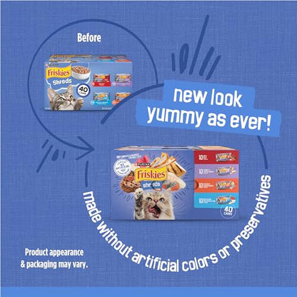 Purina Friskies Wet Cat Food Variety Pack, Shreds Beef, Turkey, Whitefish, and Chicken & Salmon - (Pack of 40) 5.5 oz. Cans