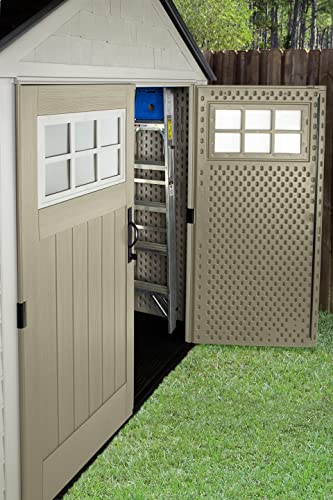 Rubbermaid Resin Outdoor Storage Shed With Floor (7 x 7 Ft), Weather Resistant, Beige/Brown, Organization for Home/Backyard/Garden Tools/Lawn Mower/Bike Storage/Pool Supplies