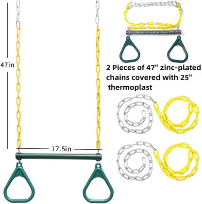 ABUSA Heavy Duty Swing Sets Brackets Including 2 Green A-Frame Swing Set Brackets 1 Swing Seat 1 Ring Trapeze Bar and 4 Swing Hangers for Playground Equipment Mounting Parts Hardware Included