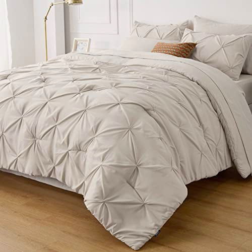 Bedsure Beige Comforter Set Queen - Bed in a Bag Queen 7 Pieces, Pintuck Bedding Sets Beige Bed Set with Comforter, Sheets, Pillowcases & Shams