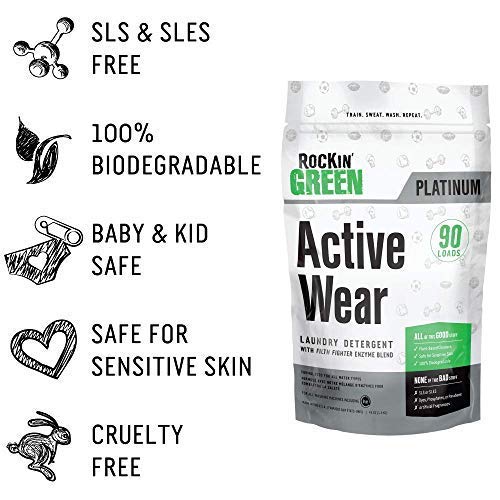 Rockin’ Green Active Wear Laundry Detergent - Unscented Laundry Detergent Powder & Odor Eliminator - Workout Clothes & Sportswear - Safe for Sensitive Skin - 90 Loads